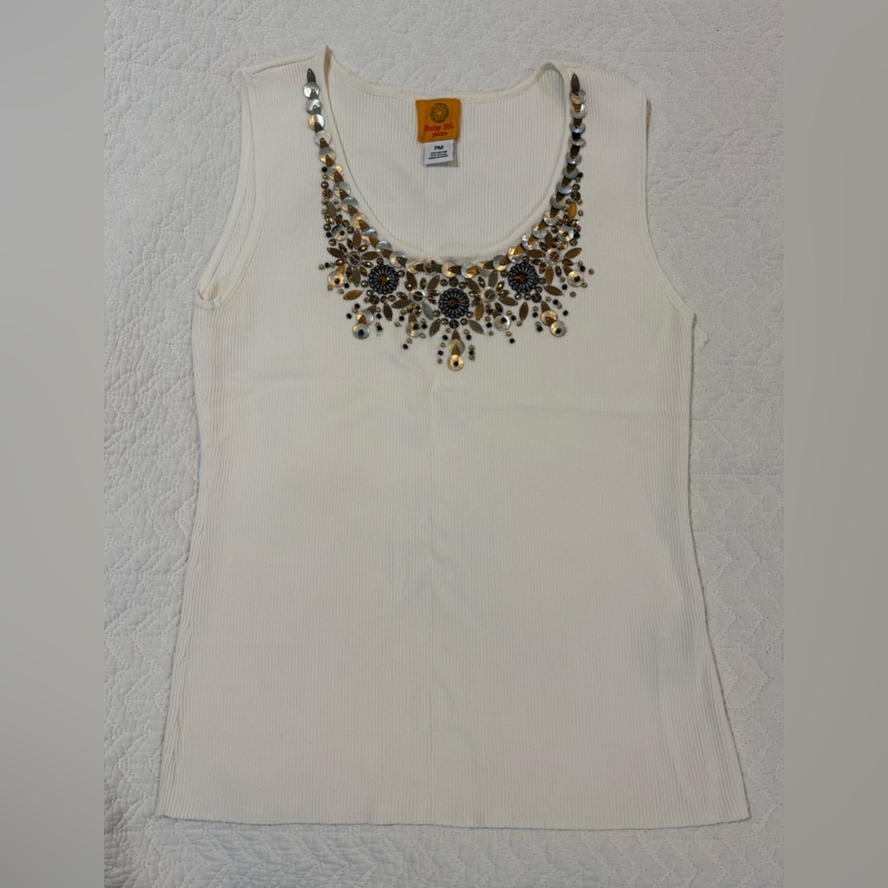 Ruby Rd. Cream Tank Top with Gold and Silver Embellishments